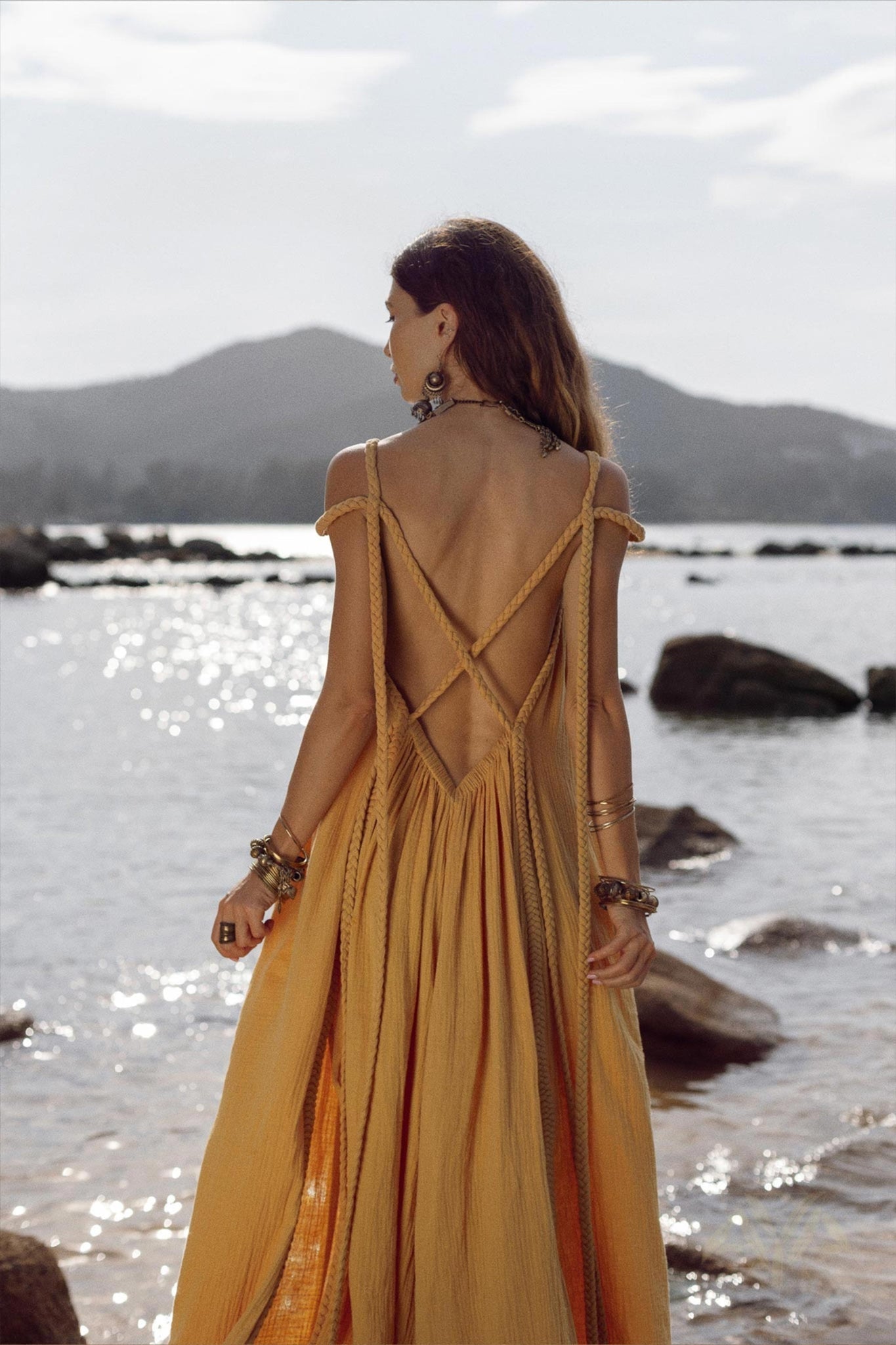 Yellow Gold Greek Goddess Prom Boho Dress - AYA SW IDR