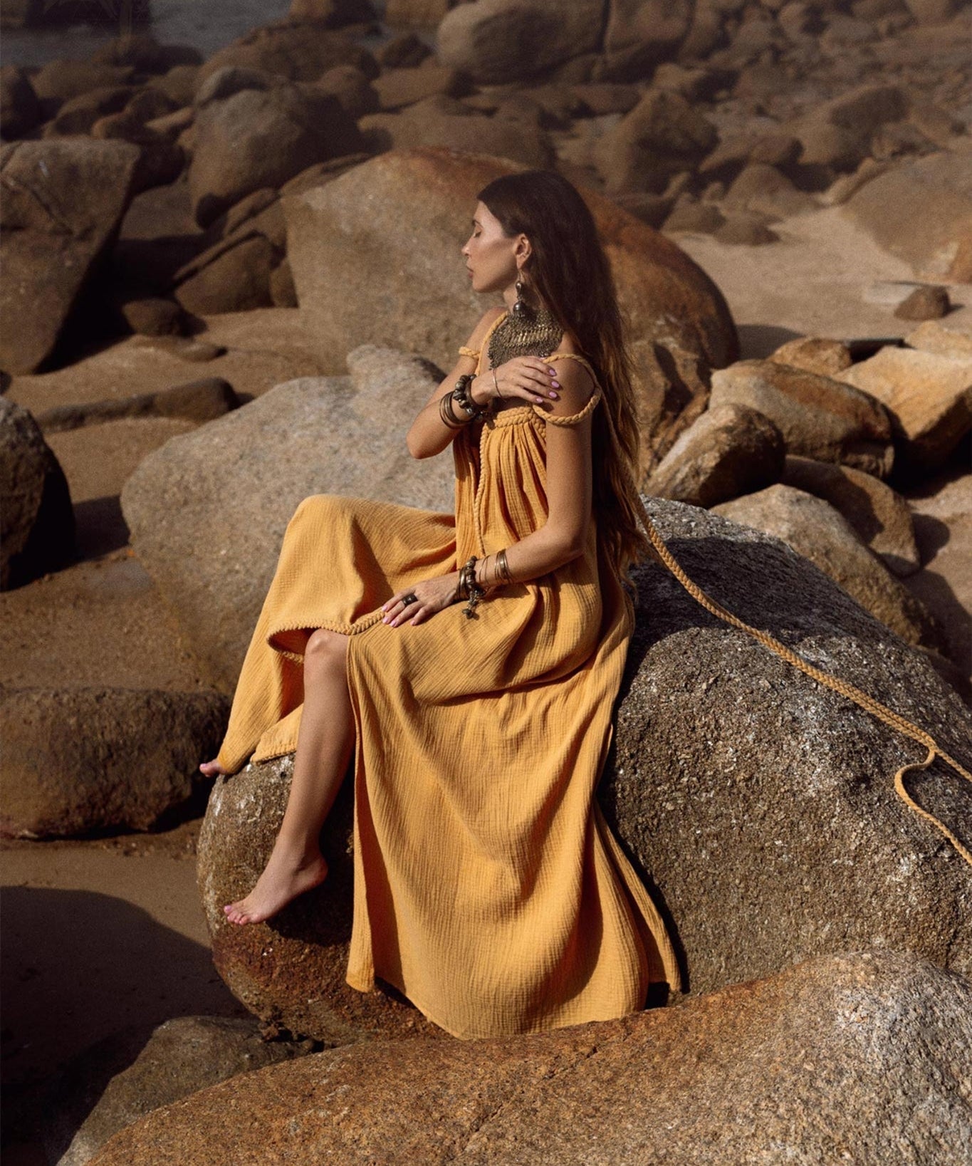 Yellow Gold Greek Goddess Prom Boho Dress - AYA SW IDR
