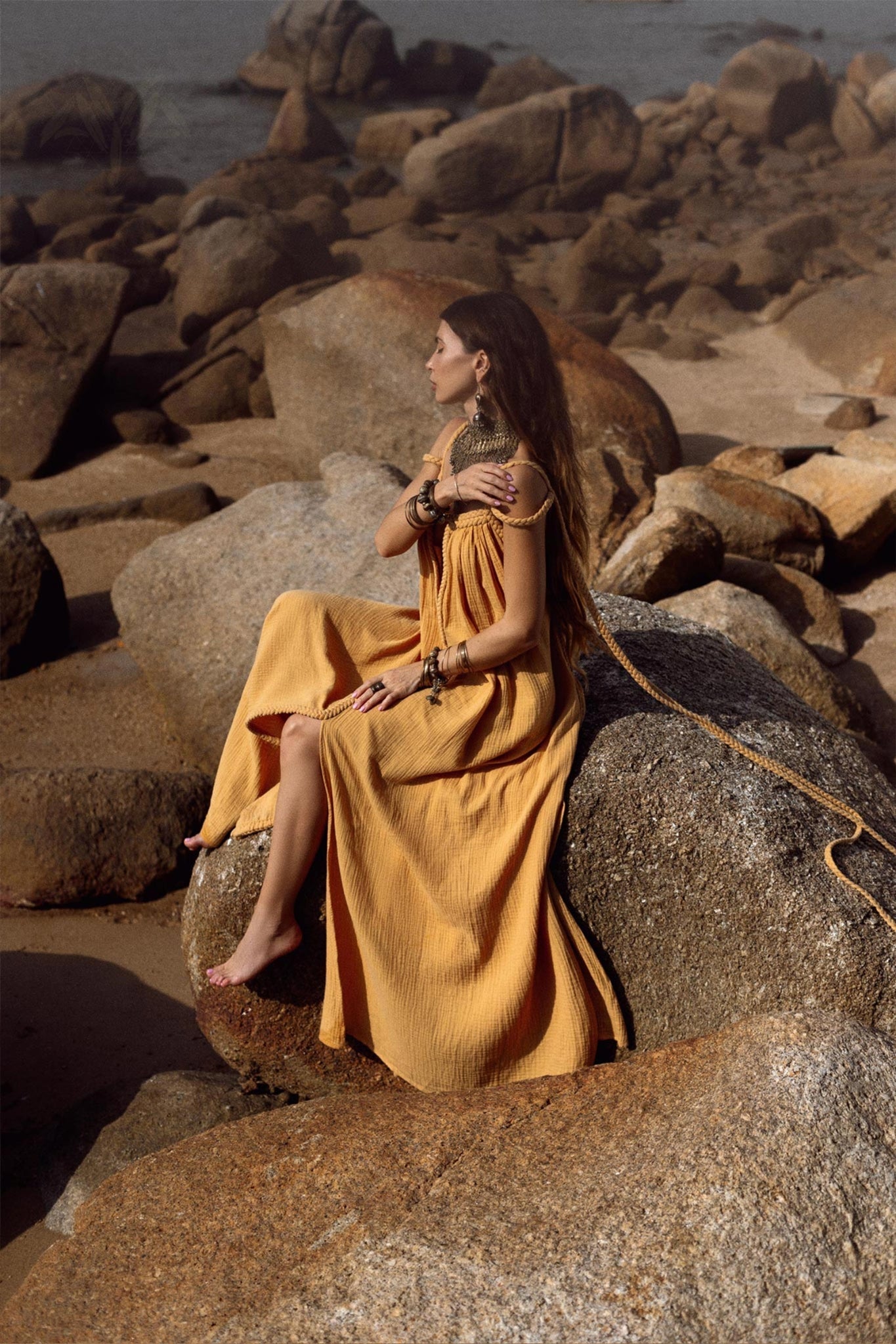 Yellow Gold Greek Goddess Prom Boho Dress - AYA SW IDR
