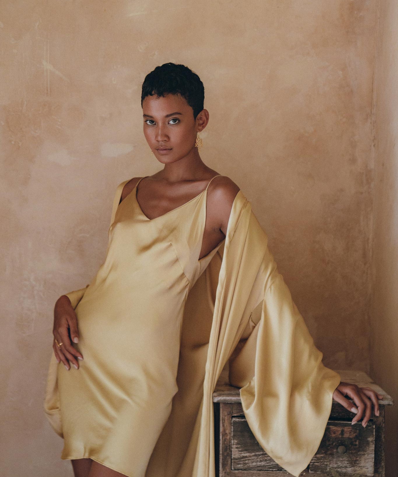 Boho Golden Silk Kimono Cover Up, Wide Sleeve Bohemian Cardigan - AYA Sacred Wear