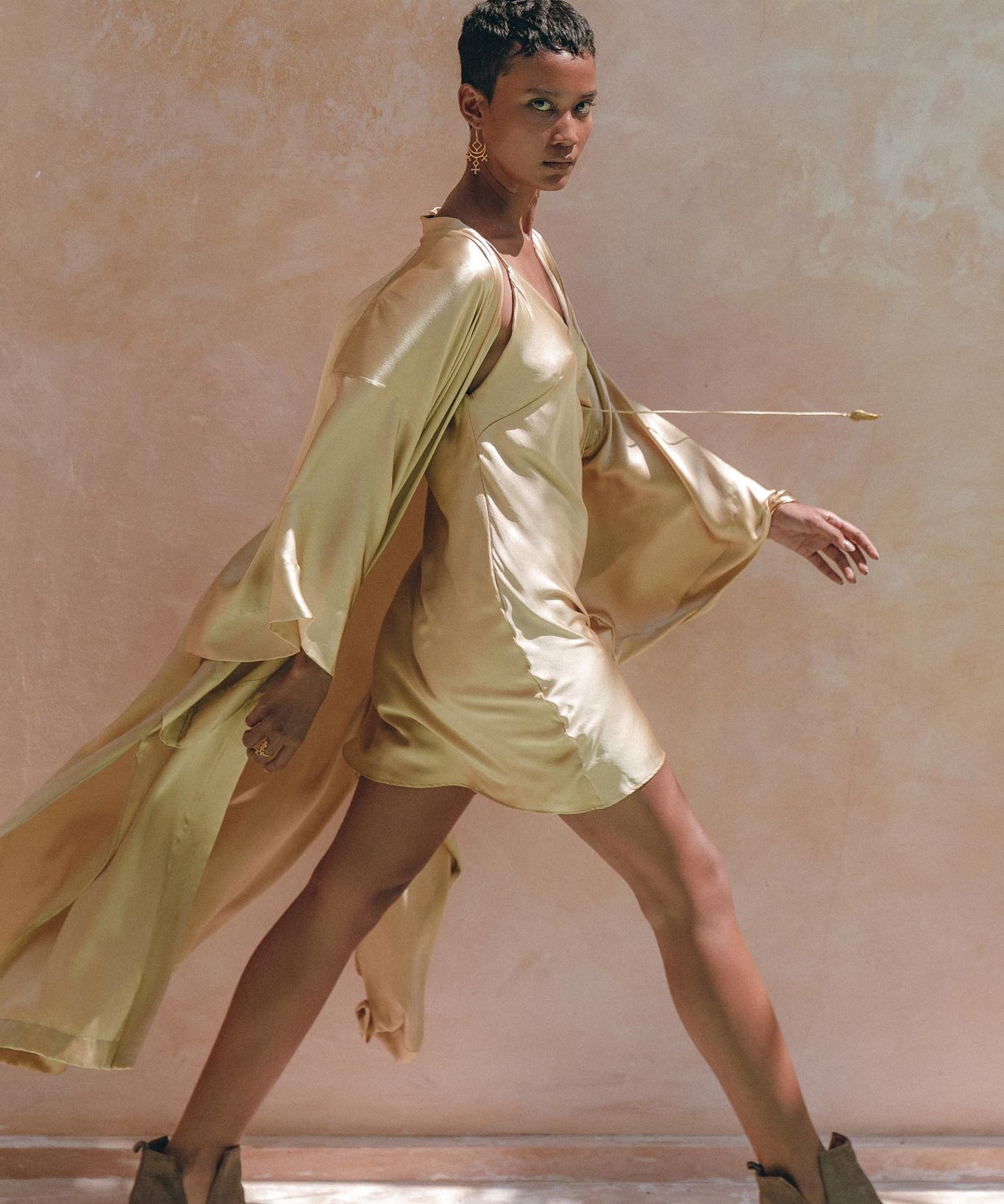 Boho Golden Silk Kimono Cover Up, Wide Sleeve Bohemian Cardigan - AYA Sacred Wear